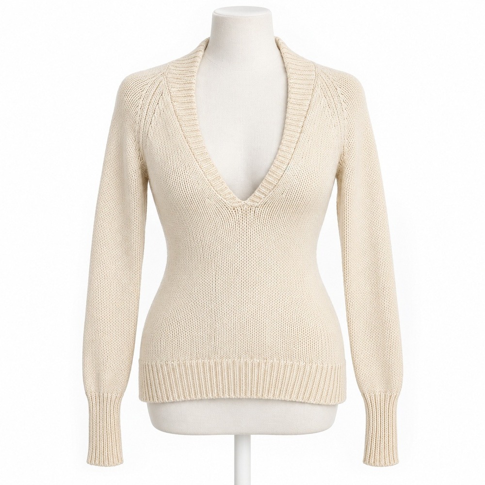 Vintage Y2K Old Navy V Neck Sweater Size XS Cream Fitted Preppy Indie Boho Fairy